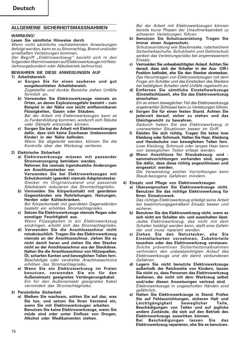 Deutsch | Hitachi DV 18DL User Manual | Page 16 / 86