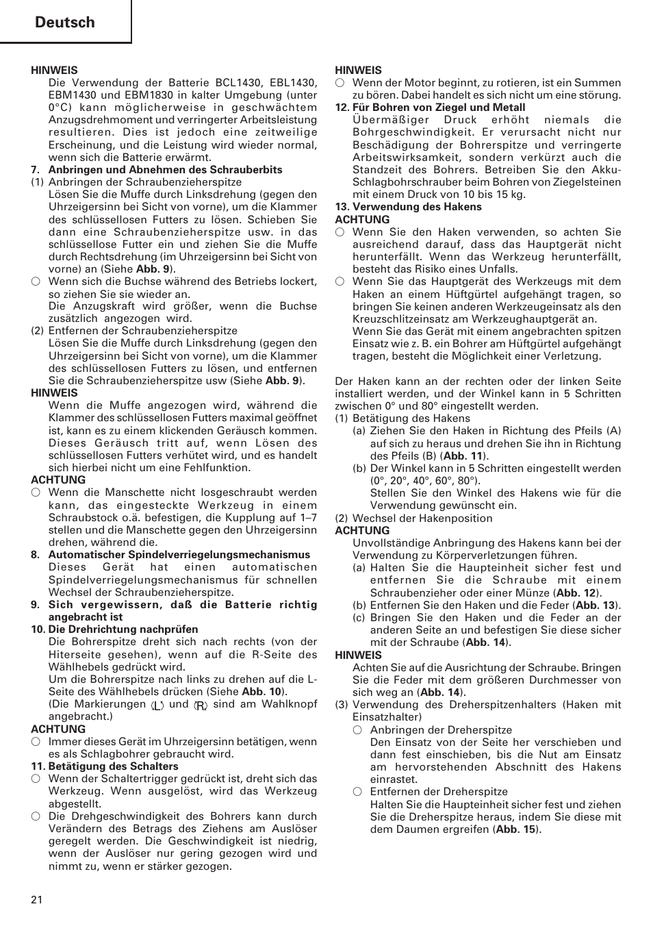 Deutsch | Hitachi DV 18DL User Manual | Page 22 / 86