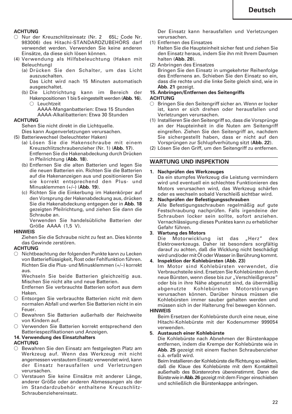 Deutsch | Hitachi DV 18DL User Manual | Page 23 / 86