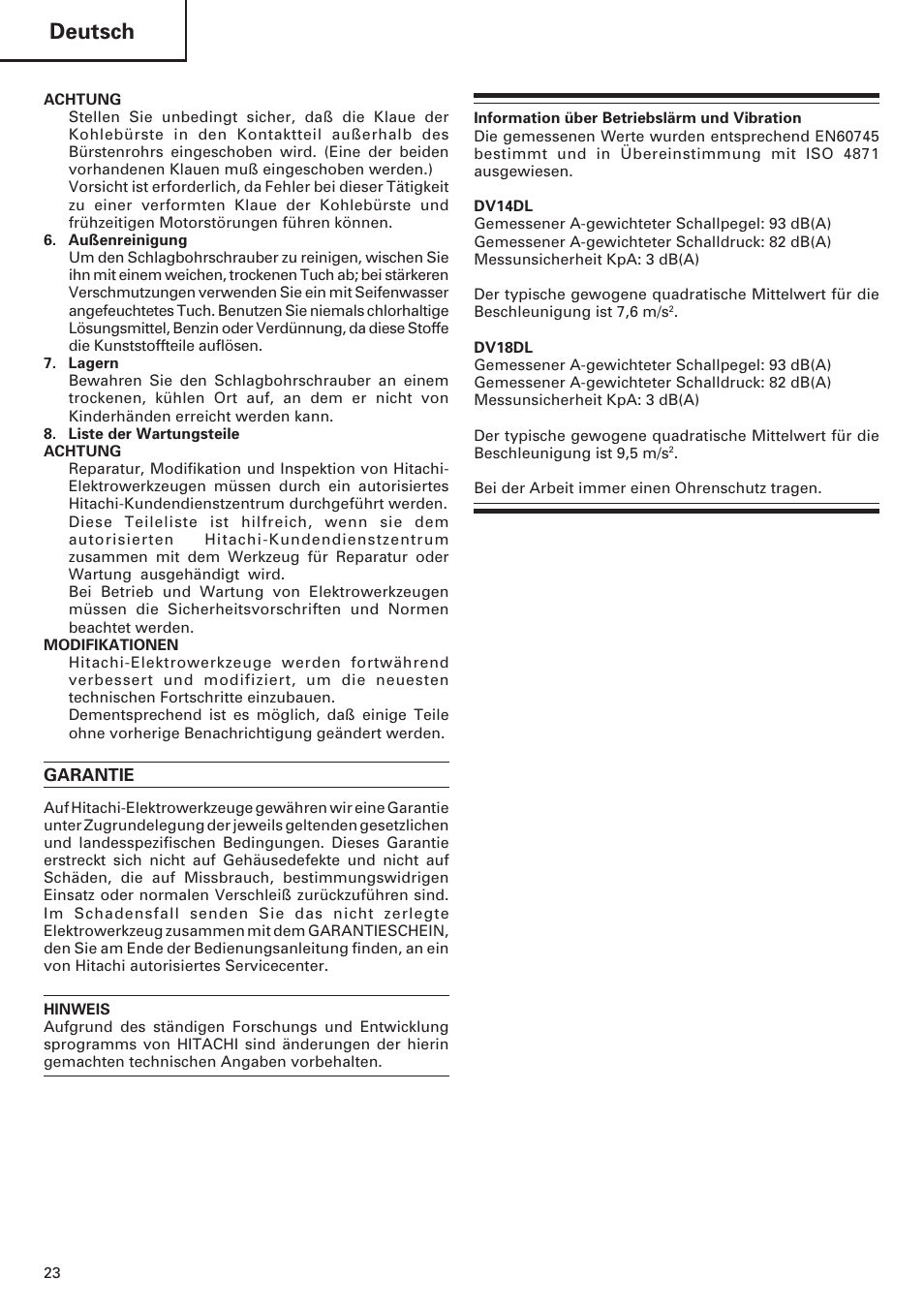 Deutsch | Hitachi DV 18DL User Manual | Page 24 / 86