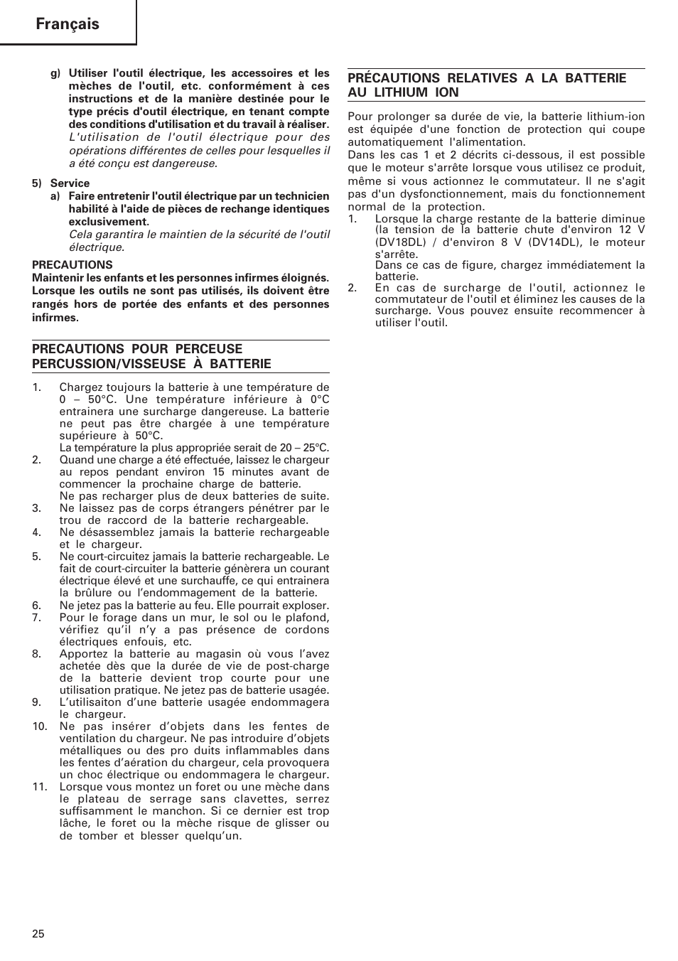 Français | Hitachi DV 18DL User Manual | Page 26 / 86