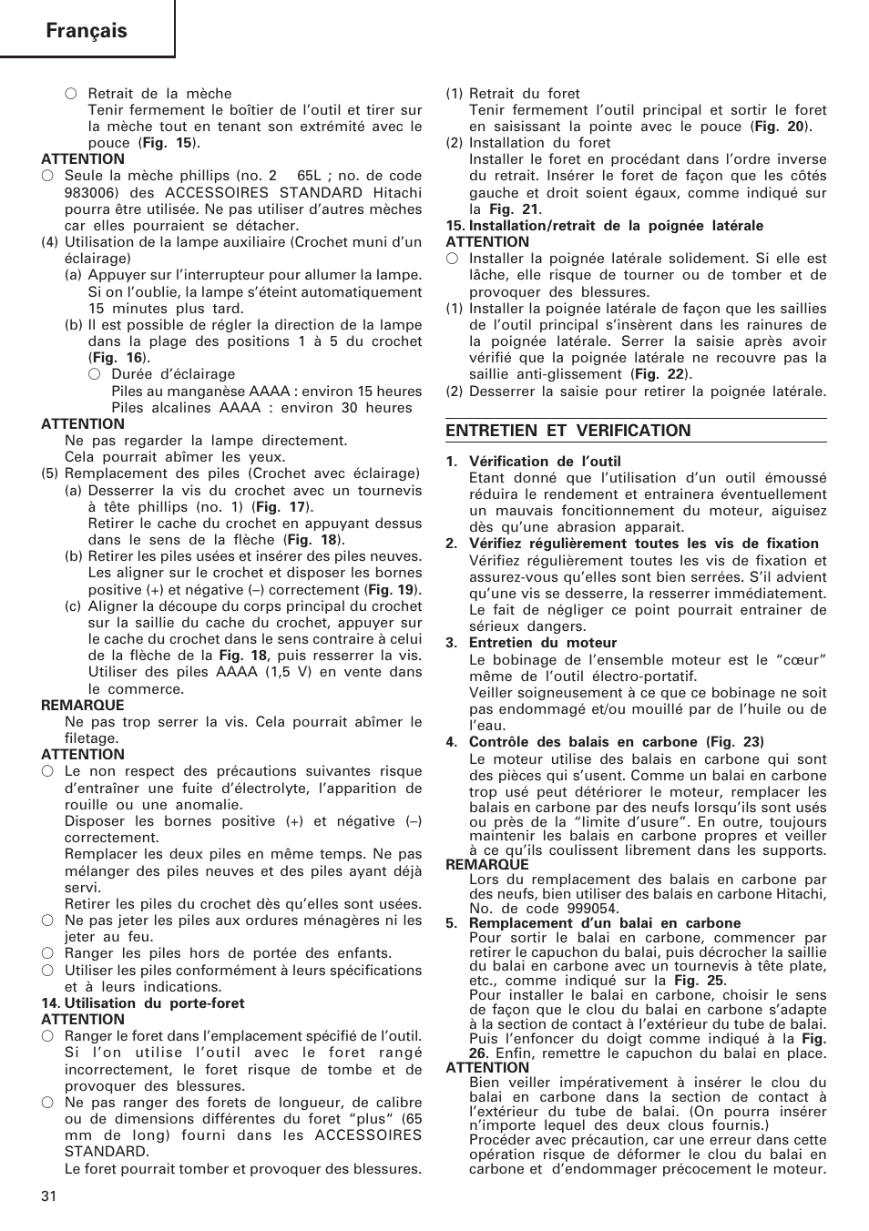 Français | Hitachi DV 18DL User Manual | Page 32 / 86