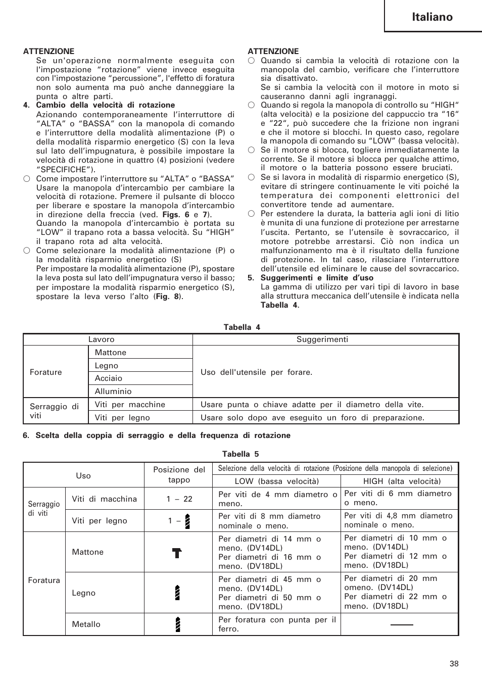 Italiano | Hitachi DV 18DL User Manual | Page 39 / 86