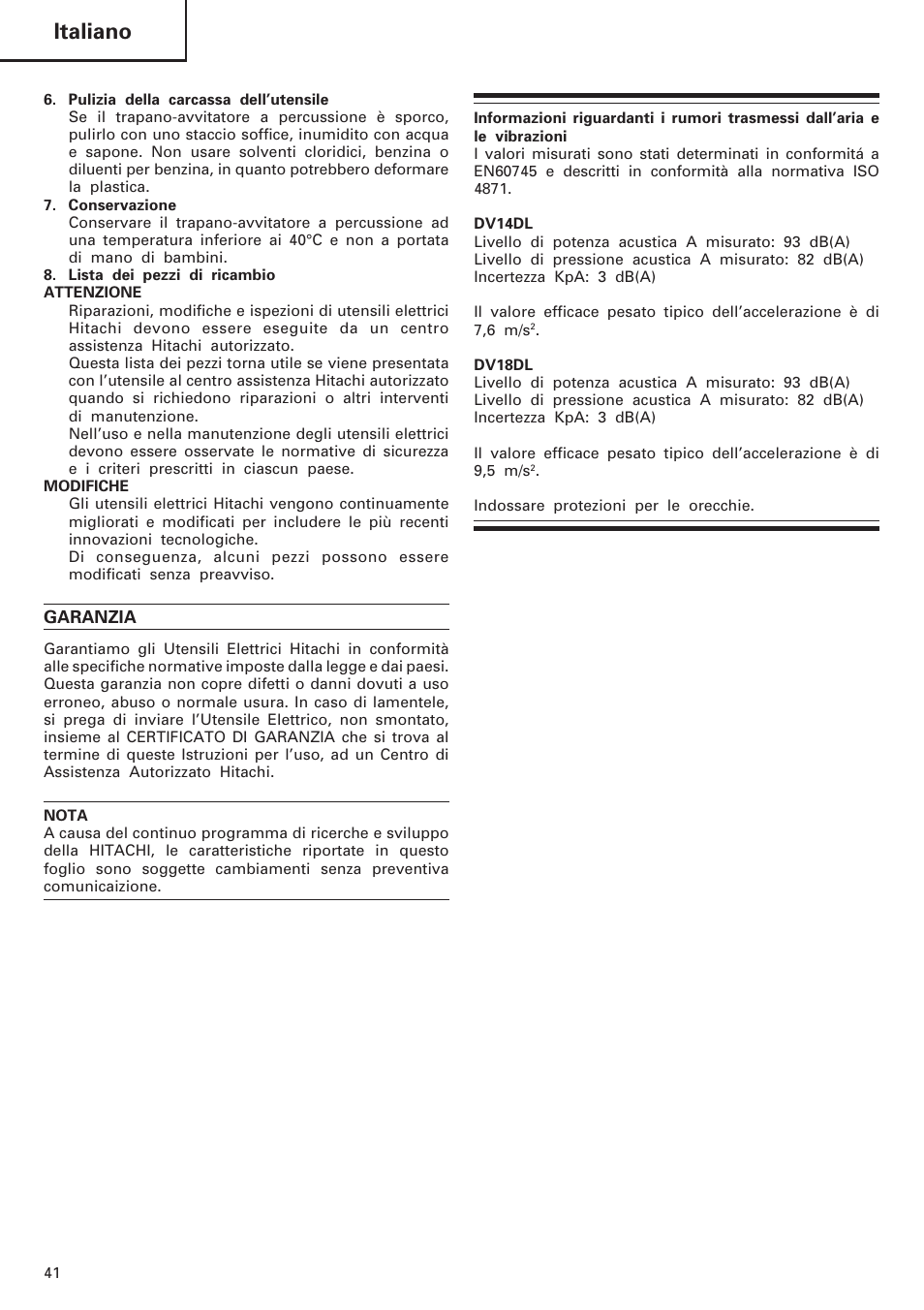 Italiano | Hitachi DV 18DL User Manual | Page 42 / 86