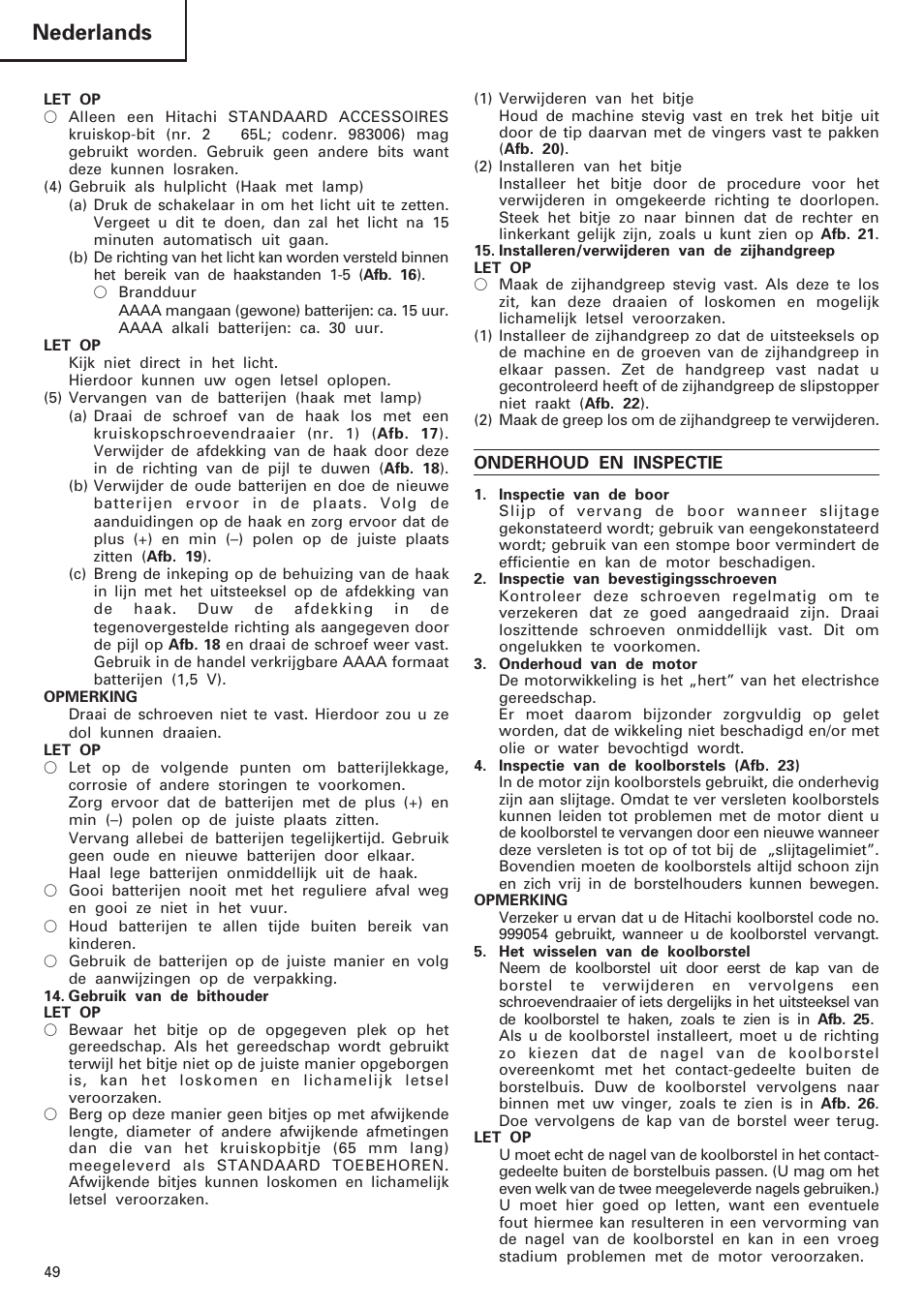 Nederlands | Hitachi DV 18DL User Manual | Page 50 / 86