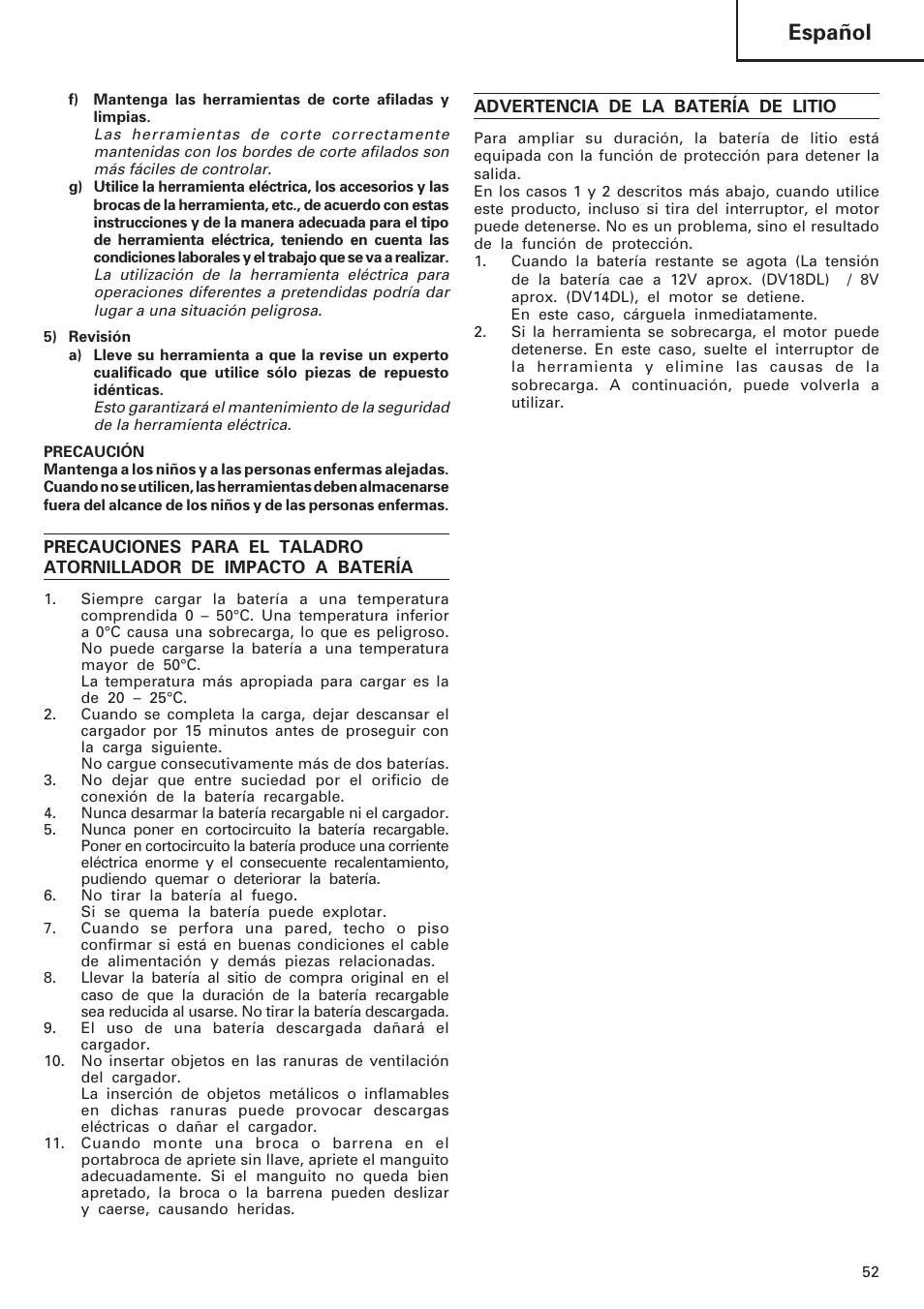 Español | Hitachi DV 18DL User Manual | Page 53 / 86