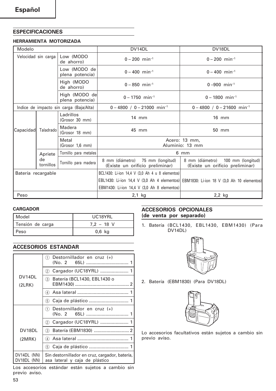 Español | Hitachi DV 18DL User Manual | Page 54 / 86