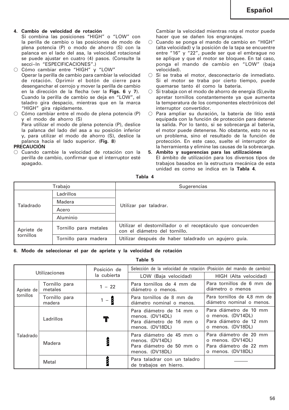 Español | Hitachi DV 18DL User Manual | Page 57 / 86