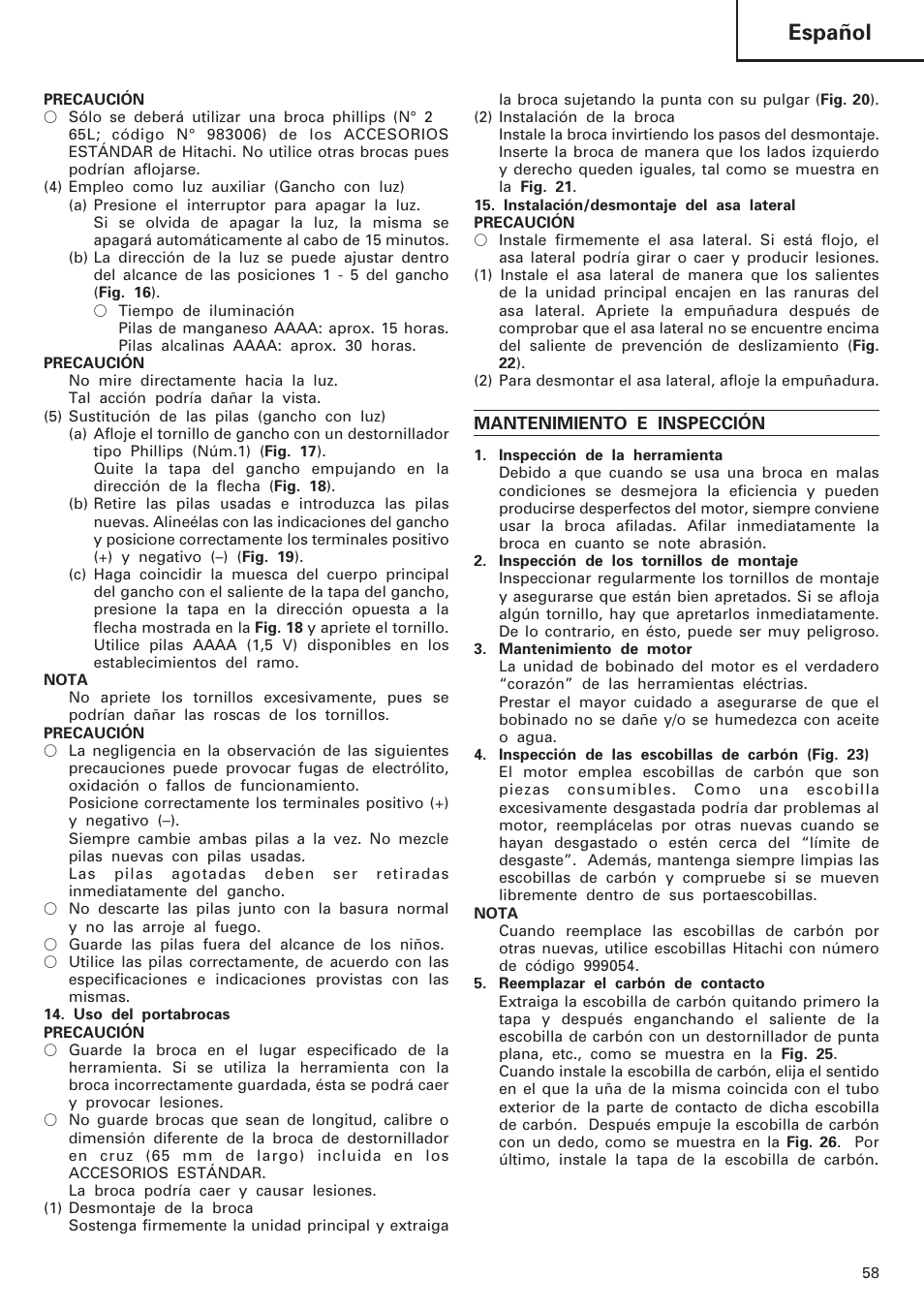 Español | Hitachi DV 18DL User Manual | Page 59 / 86