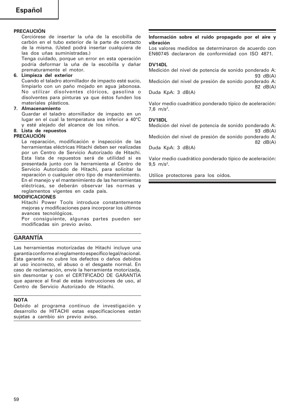 Español | Hitachi DV 18DL User Manual | Page 60 / 86