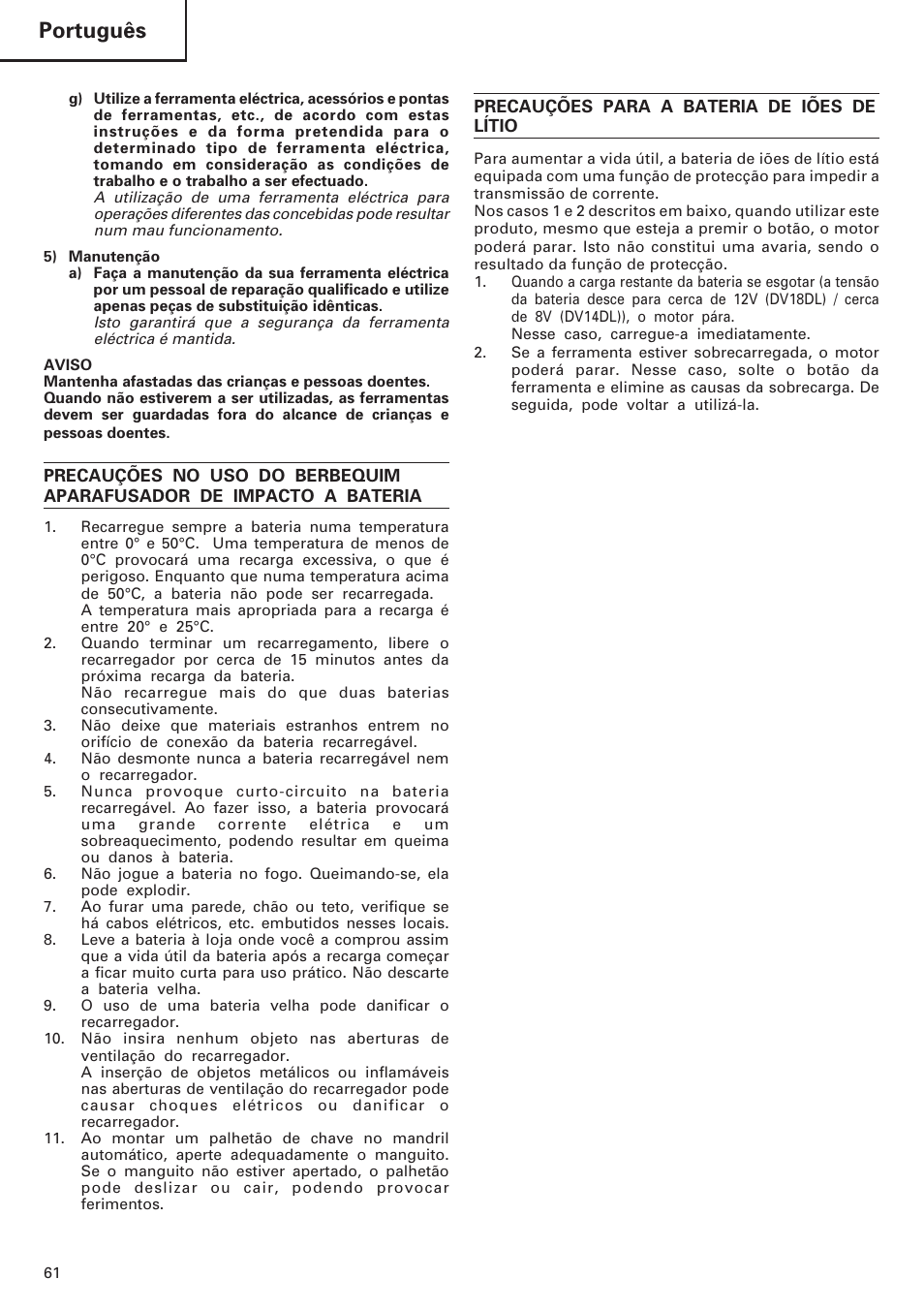 Português | Hitachi DV 18DL User Manual | Page 62 / 86