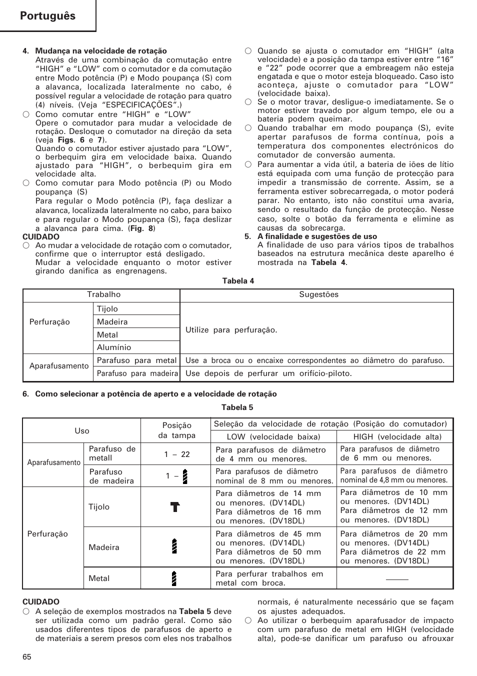 Português | Hitachi DV 18DL User Manual | Page 66 / 86