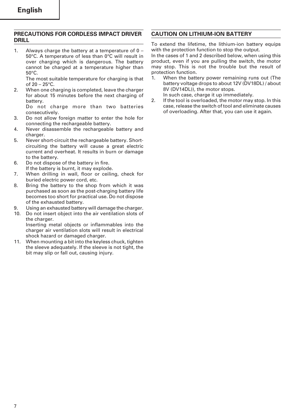 English | Hitachi DV 18DL User Manual | Page 8 / 86