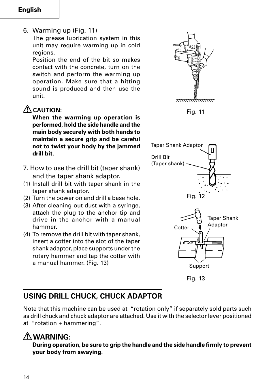 Using drill chuck, chuck adaptor, Warning | Hitachi DH 50MB User Manual | Page 14 / 68