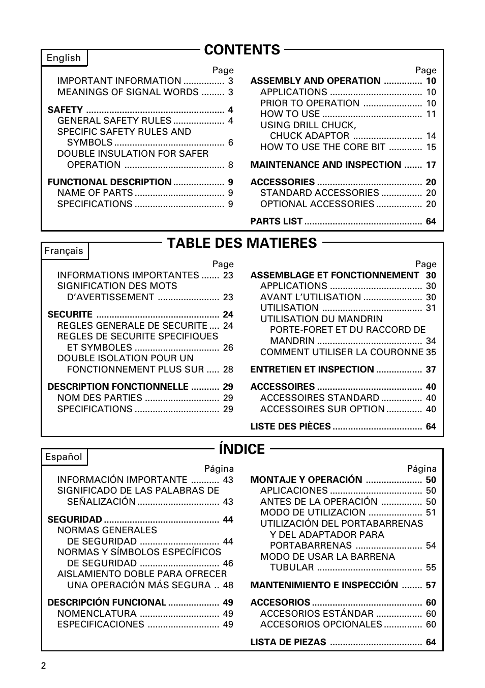 Contents table des matieres índice, English | Hitachi DH 50MB User Manual | Page 2 / 68