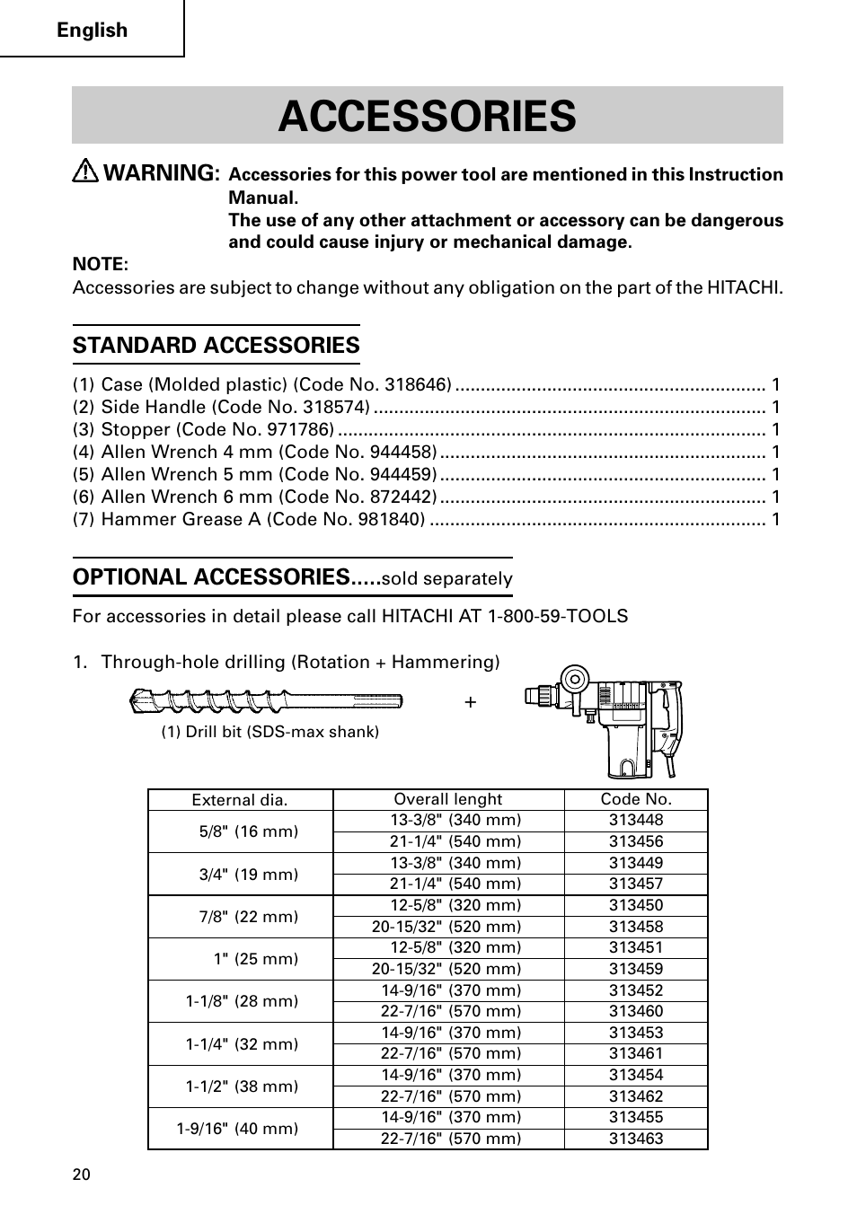 Accessories, Warning, Standard accessories | Optional accessories | Hitachi DH 50MB User Manual | Page 20 / 68