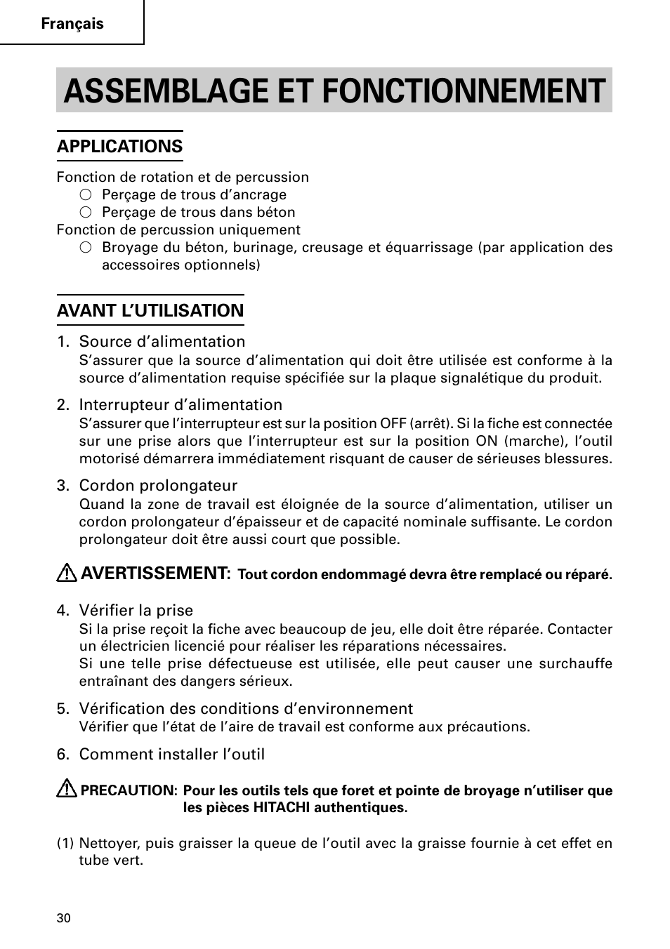 Assemblage et fonctionnement | Hitachi DH 50MB User Manual | Page 30 / 68