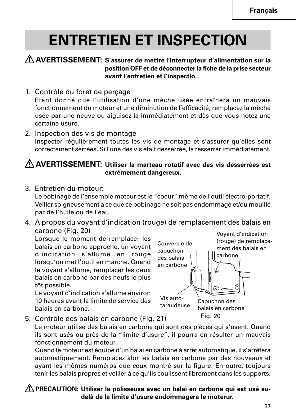 Entretien et inspection | Hitachi DH 50MB User Manual | Page 37 / 68