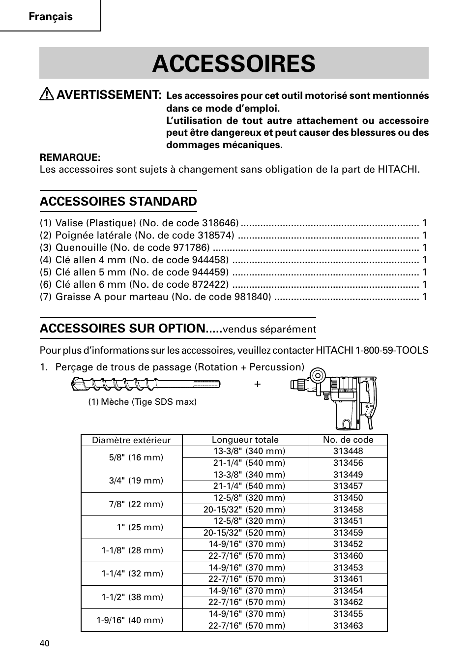 Accessoires, Avertissement, Accessoires standard | Accessoires sur option | Hitachi DH 50MB User Manual | Page 40 / 68