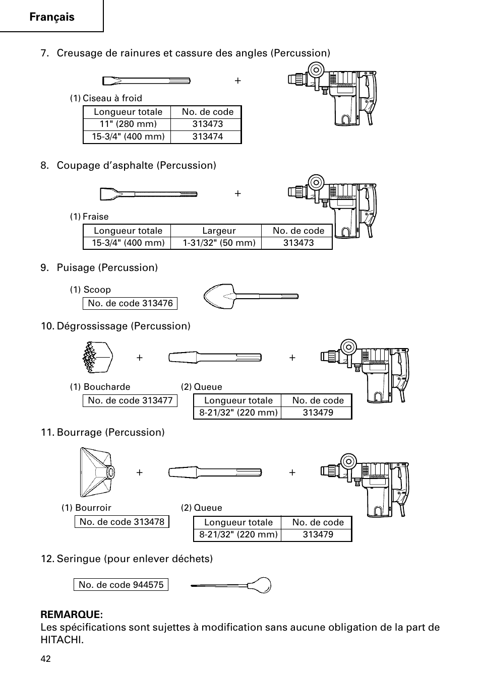 Français | Hitachi DH 50MB User Manual | Page 42 / 68