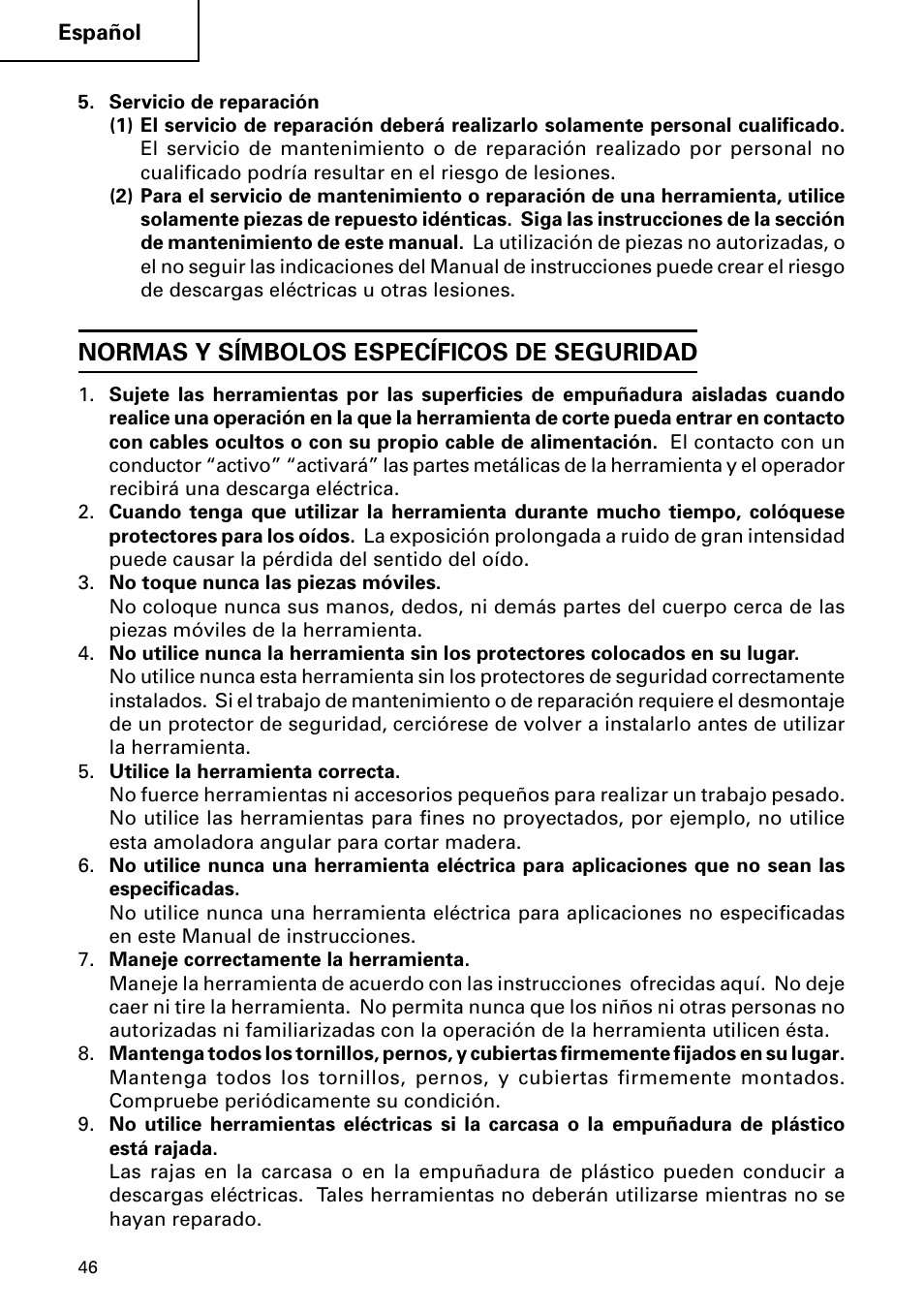 Normas y símbolos específicos de seguridad | Hitachi DH 50MB User Manual | Page 46 / 68