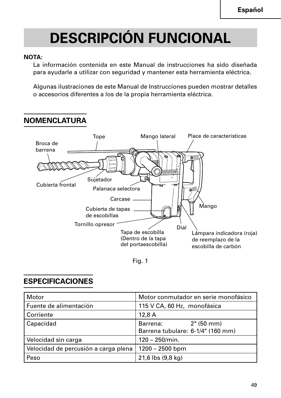 Descripción funcional, Nomenclatura especificaciones | Hitachi DH 50MB User Manual | Page 49 / 68