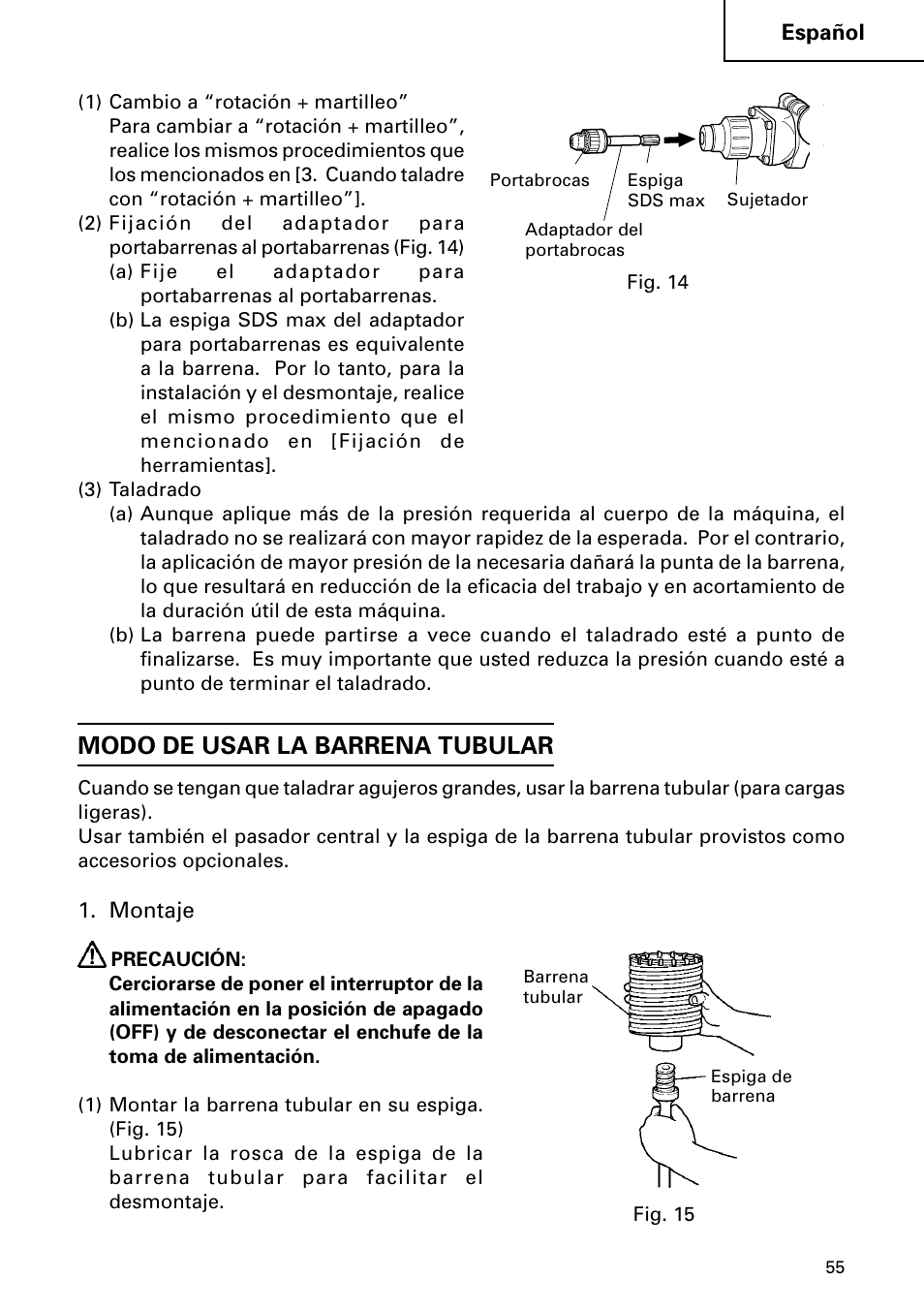 Modo de usar la barrena tubular | Hitachi DH 50MB User Manual | Page 55 / 68