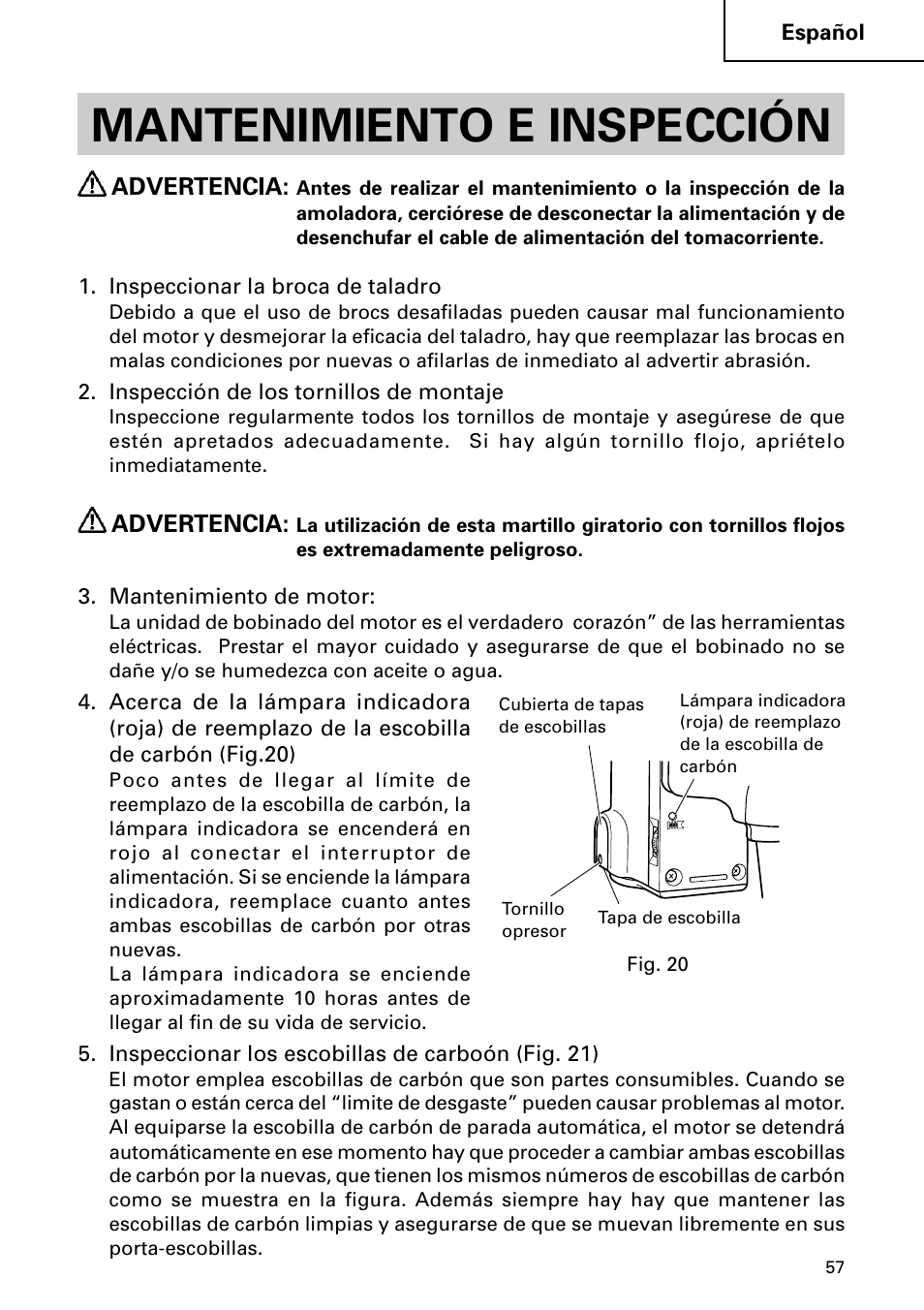 Mantenimiento e inspección | Hitachi DH 50MB User Manual | Page 57 / 68