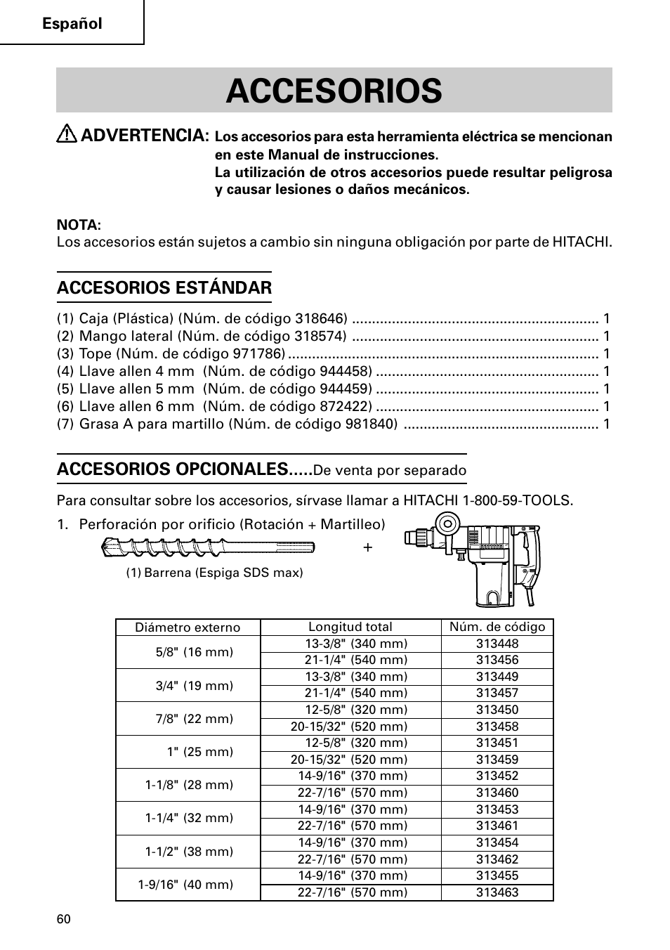 Accesorios, Advertencia, Accesorios estándar | Accesorios opcionales | Hitachi DH 50MB User Manual | Page 60 / 68