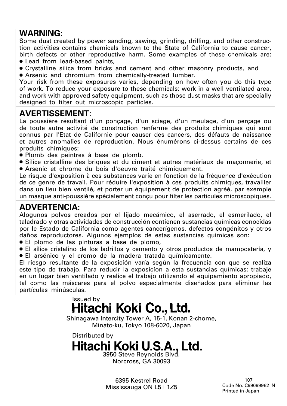 Hitachi koki canada co, Warning, Avertissement | Advertencia | Hitachi DH 50MB User Manual | Page 68 / 68