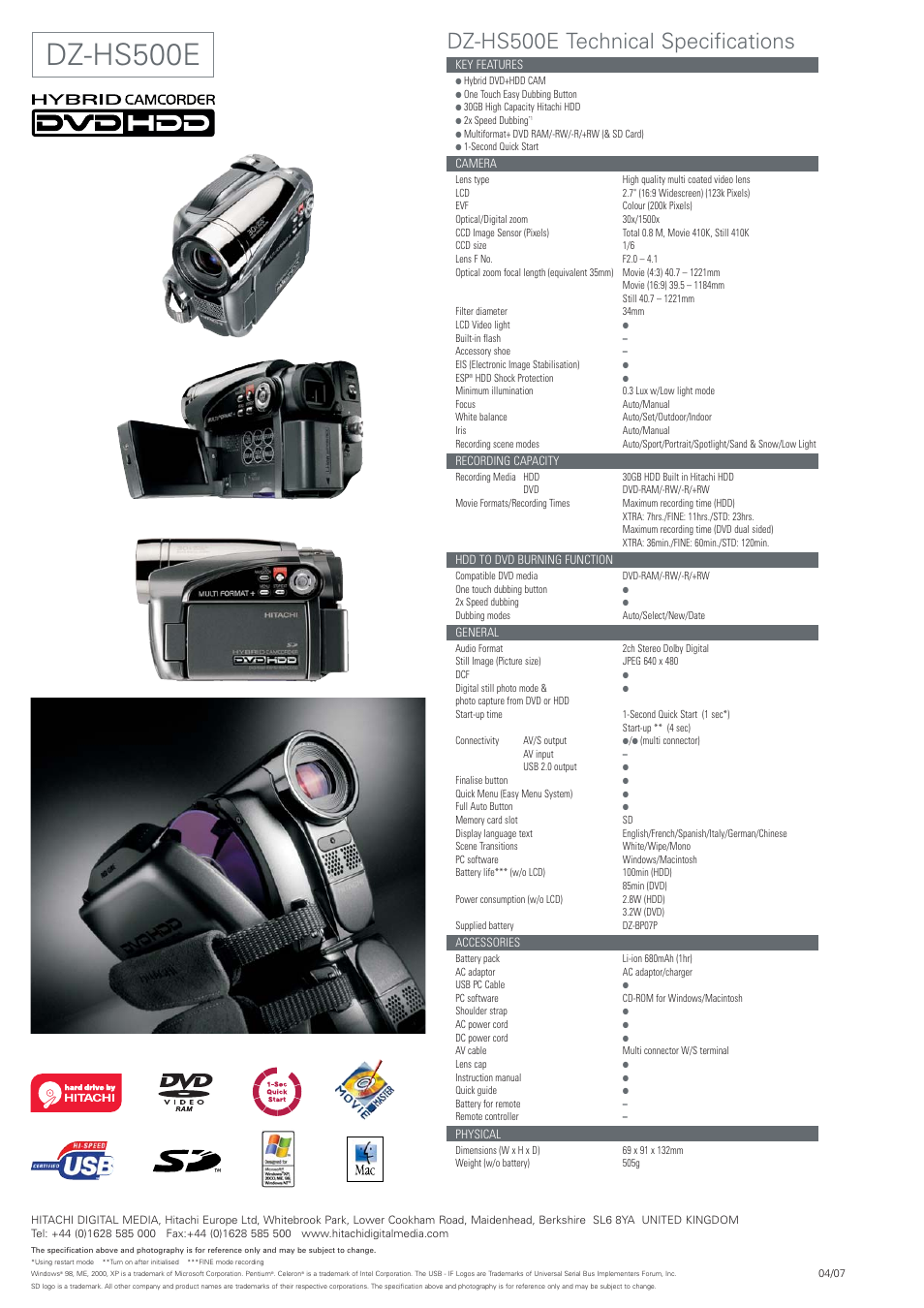 Dz-hs500e, Dz-hs500e technical specifications | Hitachi DZ-HS500E User Manual | Page 2 / 2