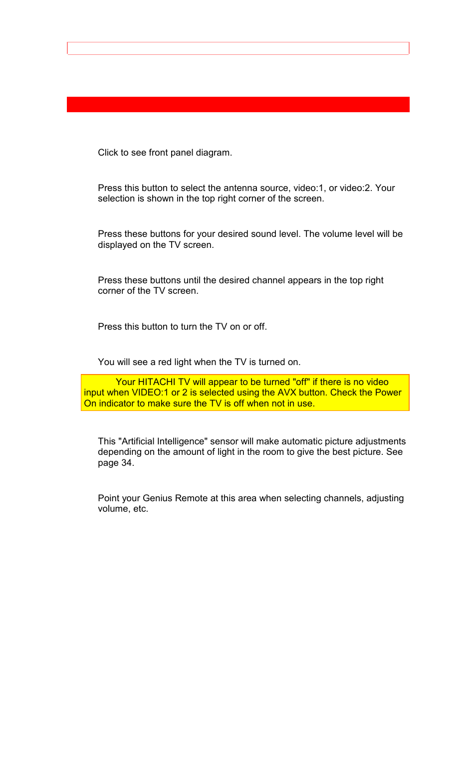 Front panel controls | Hitachi 50EX8K/10B User Manual | Page 15 / 44