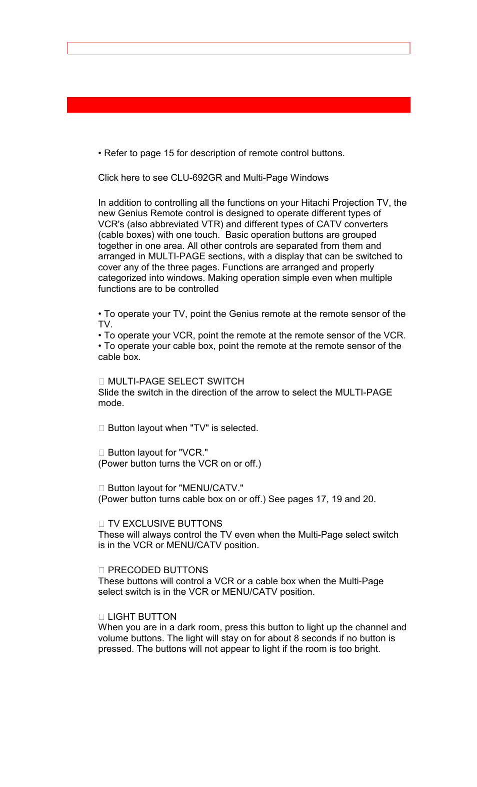 The genius remote control (clu-692gr) | Hitachi 50EX8K/10B User Manual | Page 20 / 44