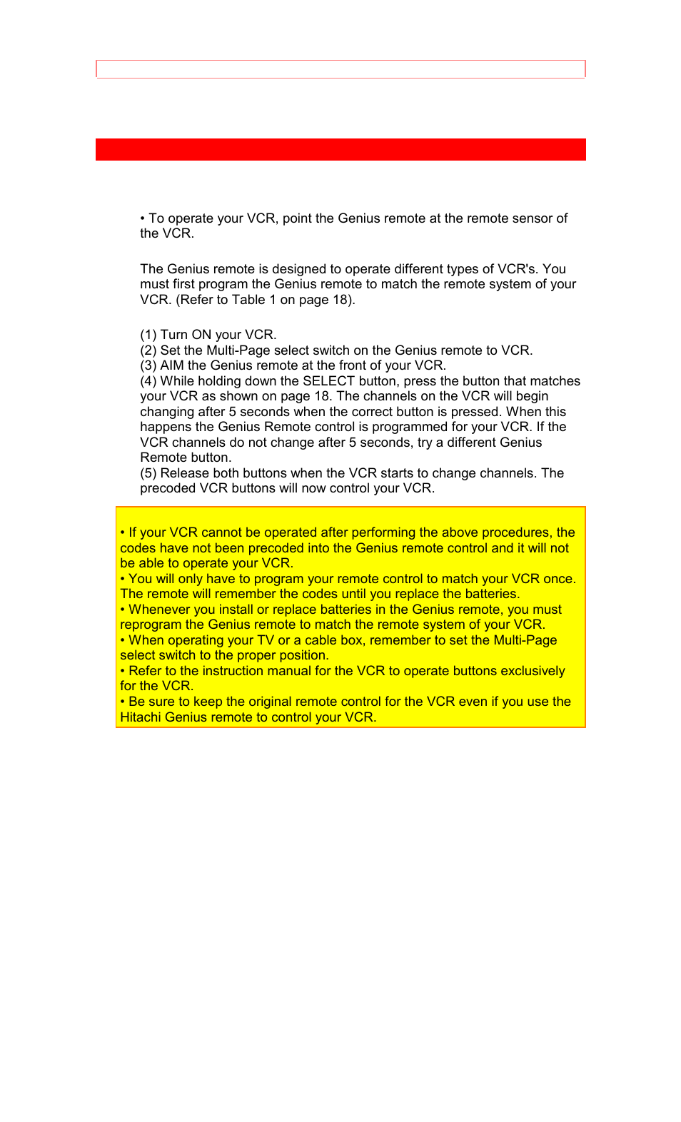Using the genius remote to control vcr functions | Hitachi 50EX8K/10B User Manual | Page 21 / 44