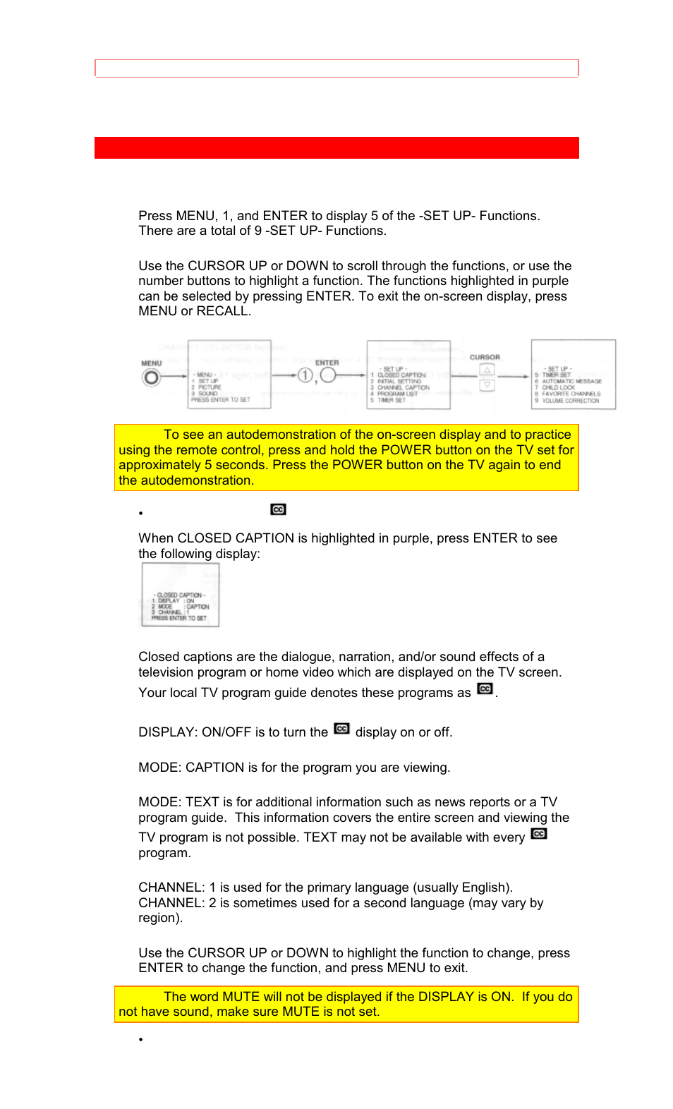 Set up- functions, Closed caption, Initial setting | Hitachi 50EX8K/10B User Manual | Page 27 / 44