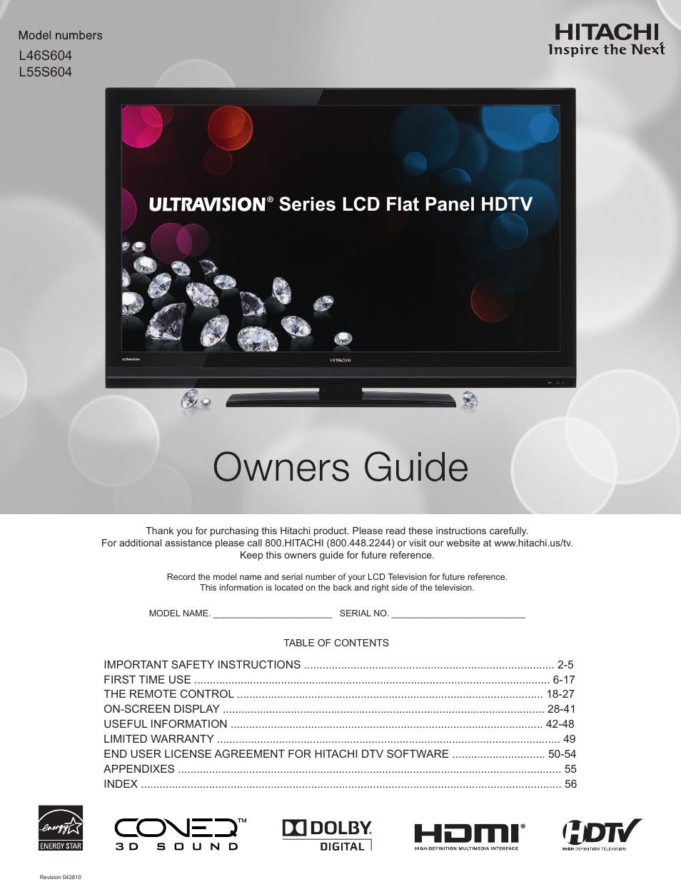 Hitachi ULTRAVISION L55S604 User Manual | 60 pages