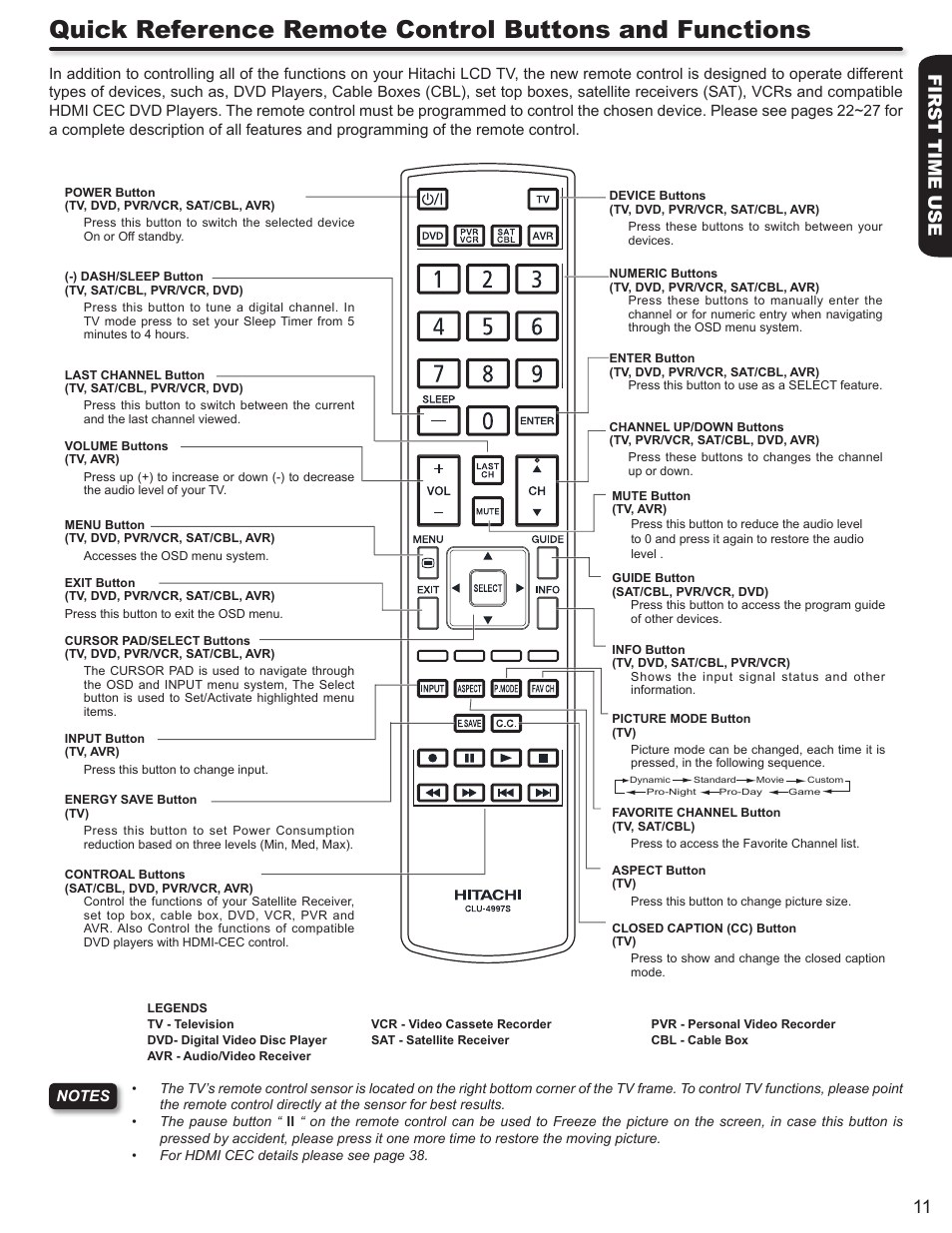 First time use 11 | Hitachi ULTRAVISION L55S604 User Manual | Page 11 / 60