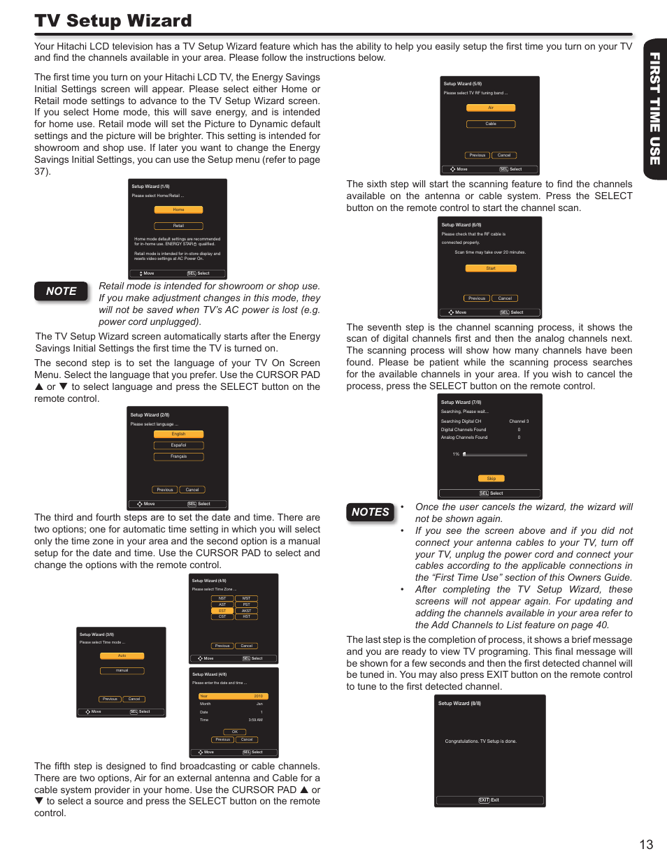 Tv setup wizard, First time use 13 | Hitachi ULTRAVISION L55S604 User Manual | Page 13 / 60