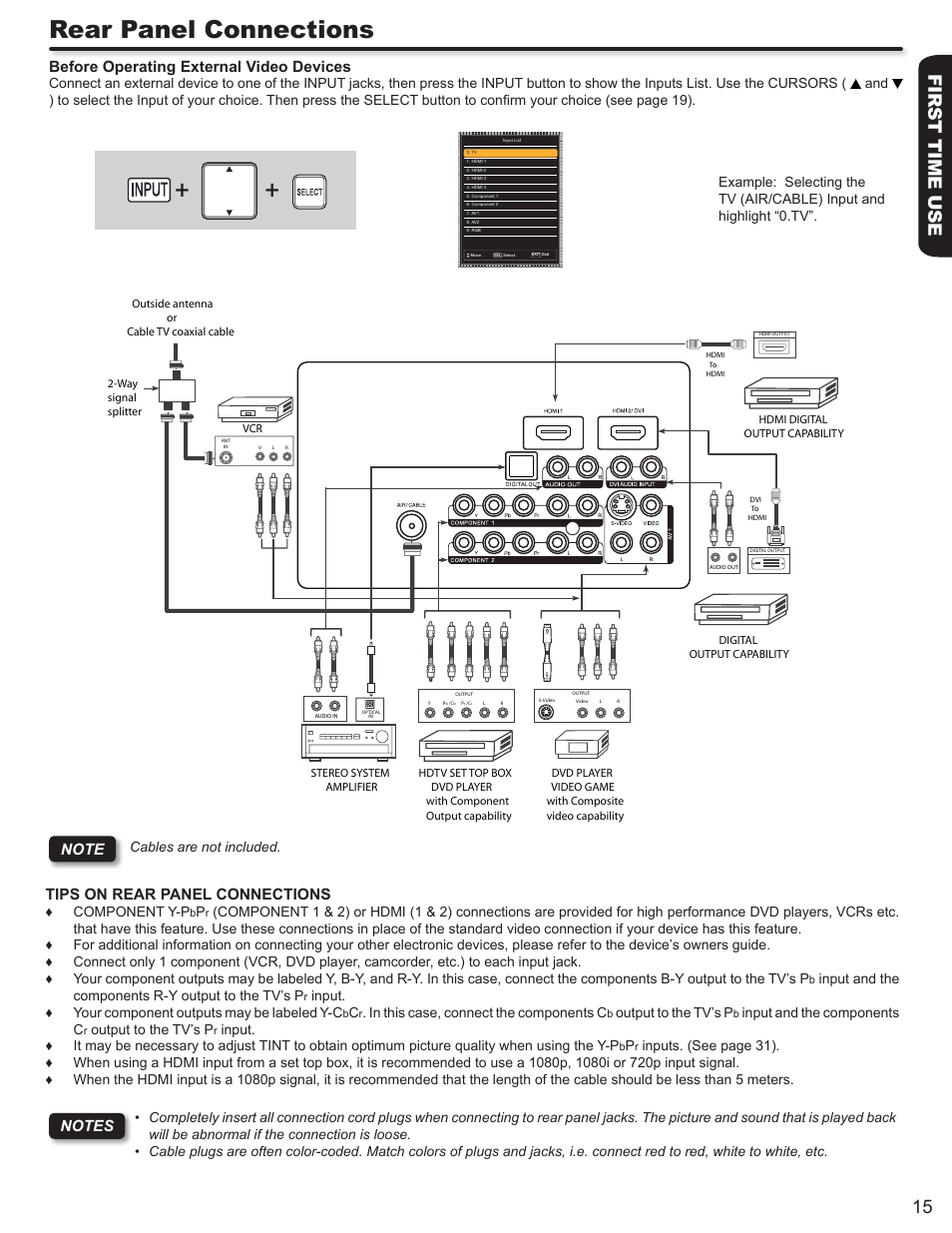 Rear panel connections, First time use 15, Before operating external video devices | Cables are not included, Component y-p, Input and the components r-y output to the tv’s p, Input. your component outputs may be labeled y-c, Output to the tv’s p, Input and the components c | Hitachi ULTRAVISION L55S604 User Manual | Page 15 / 60