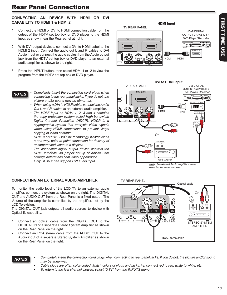 Rear panel connections, First time use 17 | Hitachi ULTRAVISION L55S604 User Manual | Page 17 / 60