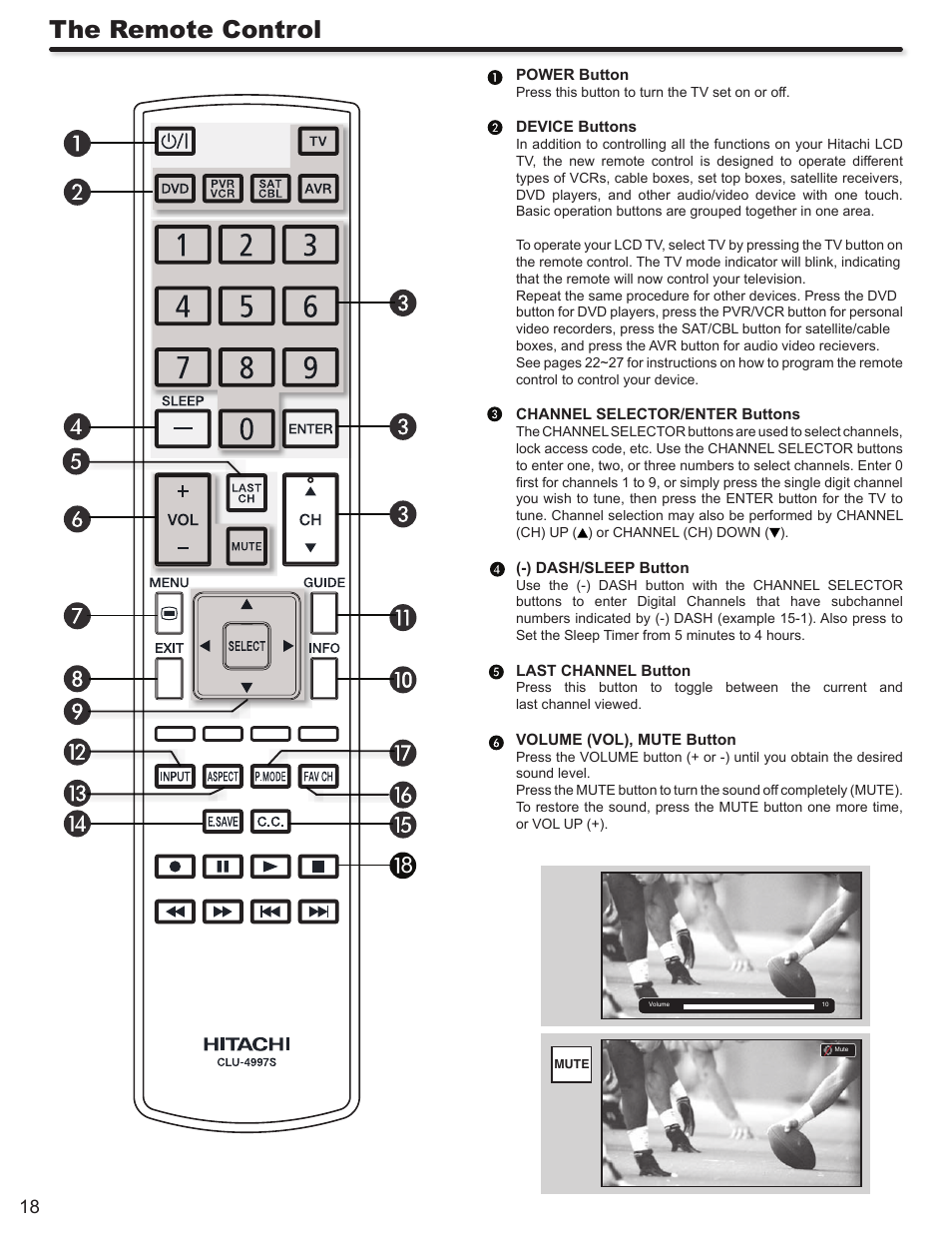 The remote control | Hitachi ULTRAVISION L55S604 User Manual | Page 18 / 60