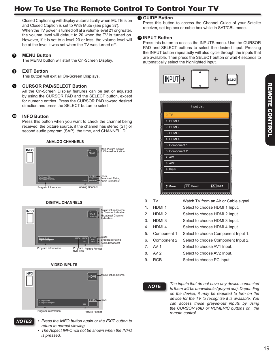 How to use the remote control to control your tv, 19 remo te contr ol | Hitachi ULTRAVISION L55S604 User Manual | Page 19 / 60