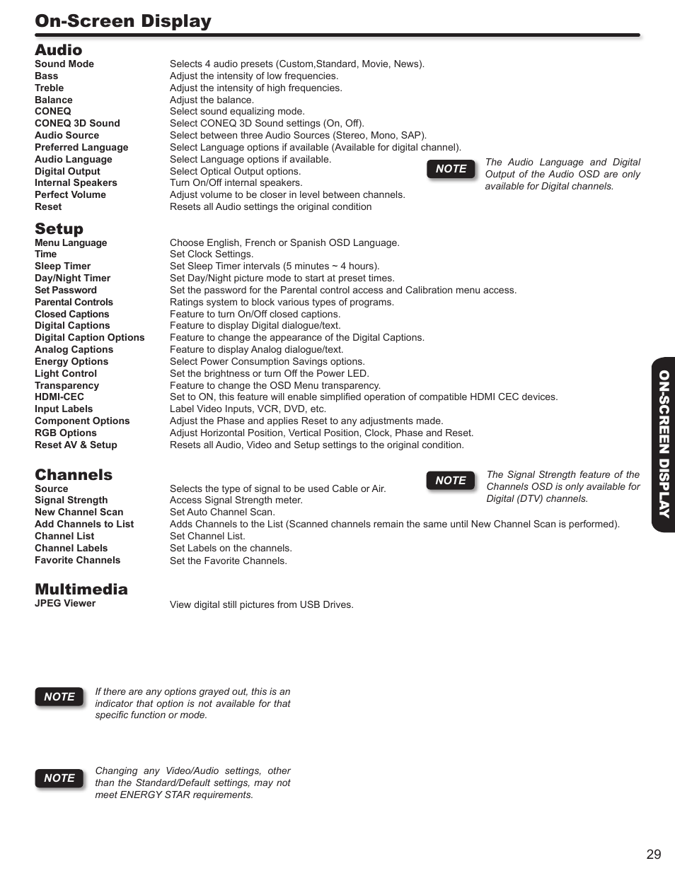 On-screen display, Audio, Setup | Channels, Multimedia, 29 on-screen displa y | Hitachi ULTRAVISION L55S604 User Manual | Page 29 / 60