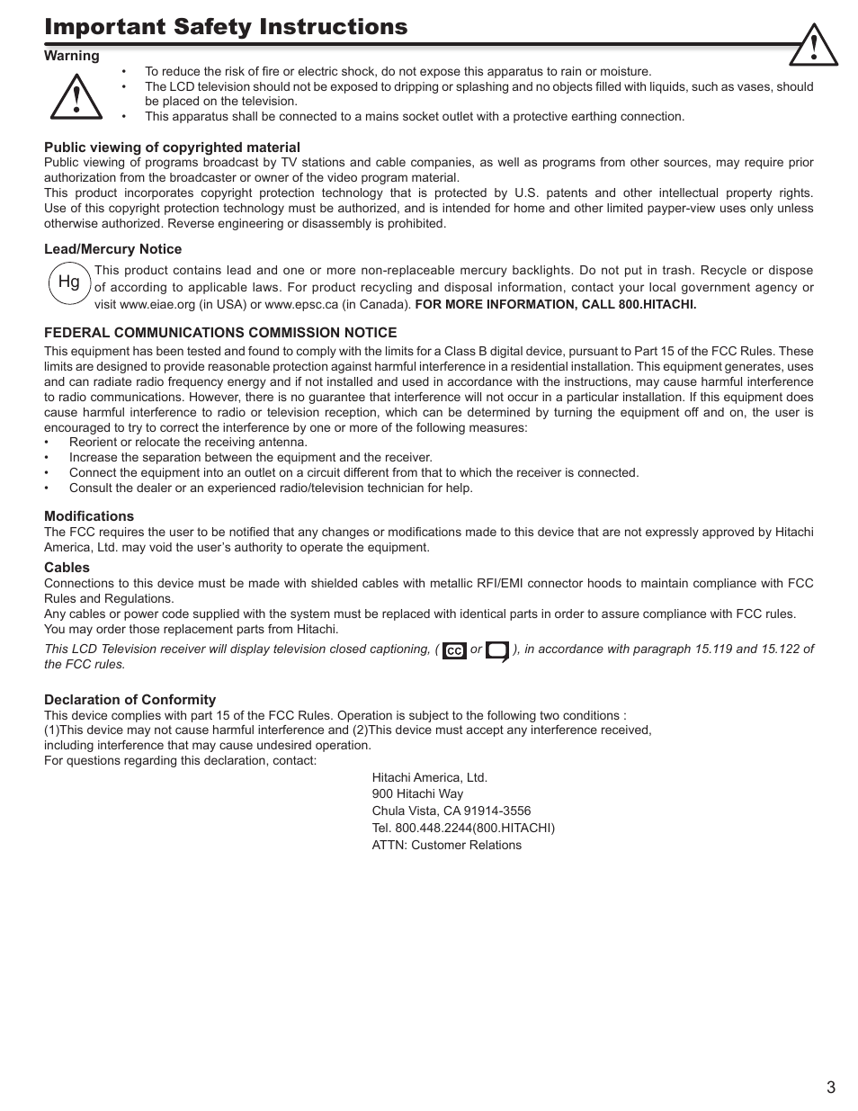 Important safety instructions | Hitachi ULTRAVISION L55S604 User Manual | Page 3 / 60