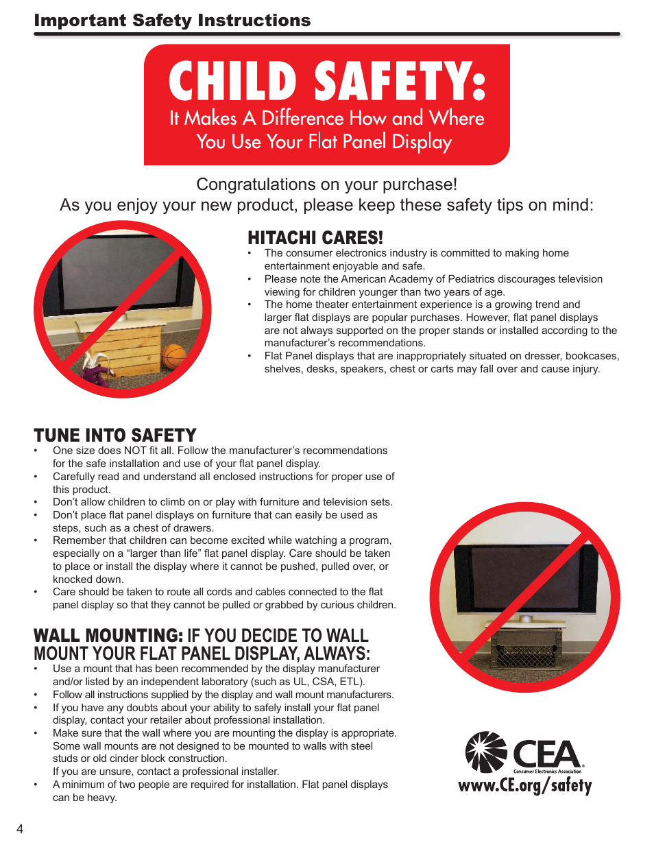 Hitachi cares, Tune into safety | Hitachi ULTRAVISION L55S604 User Manual | Page 4 / 60