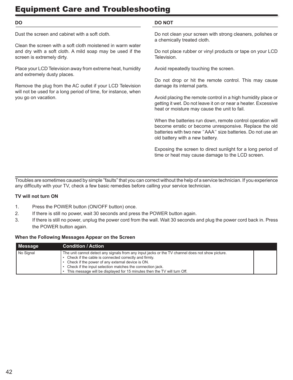 Equipment care and troubleshooting | Hitachi ULTRAVISION L55S604 User Manual | Page 42 / 60