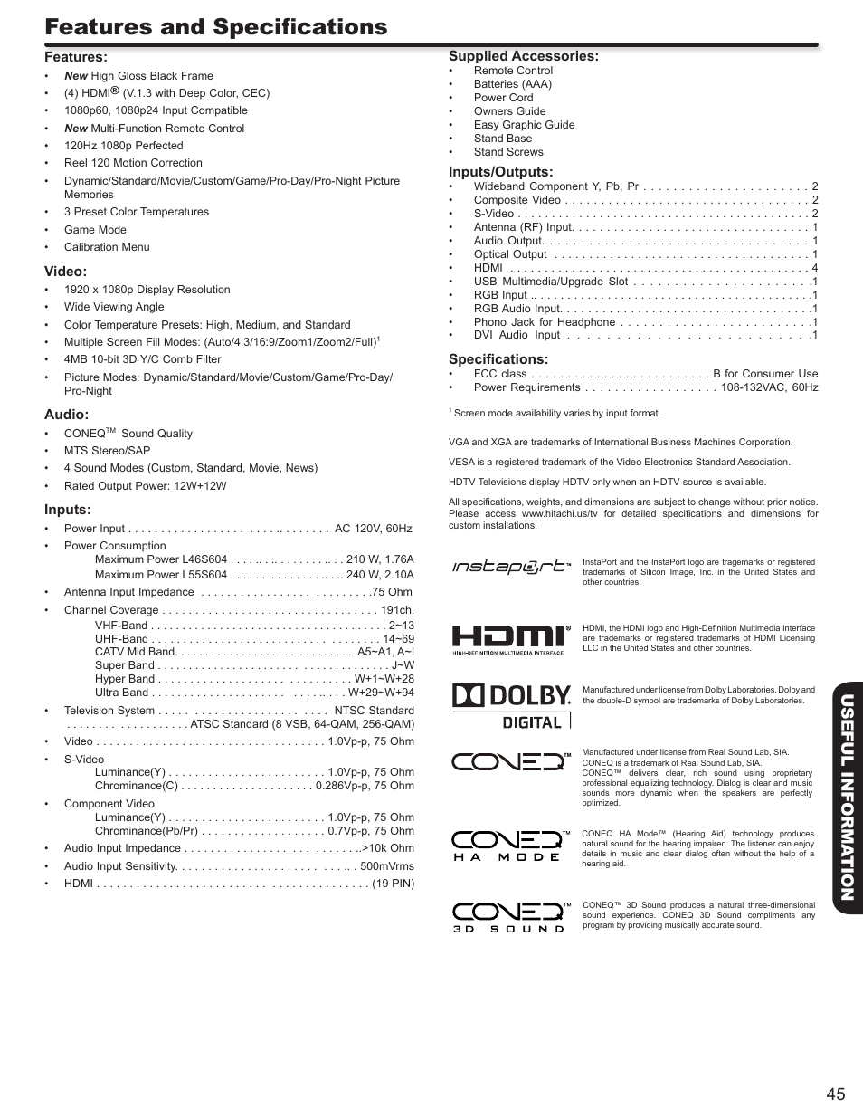 Features and specifications, 45 useful informa tion | Hitachi ULTRAVISION L55S604 User Manual | Page 45 / 60