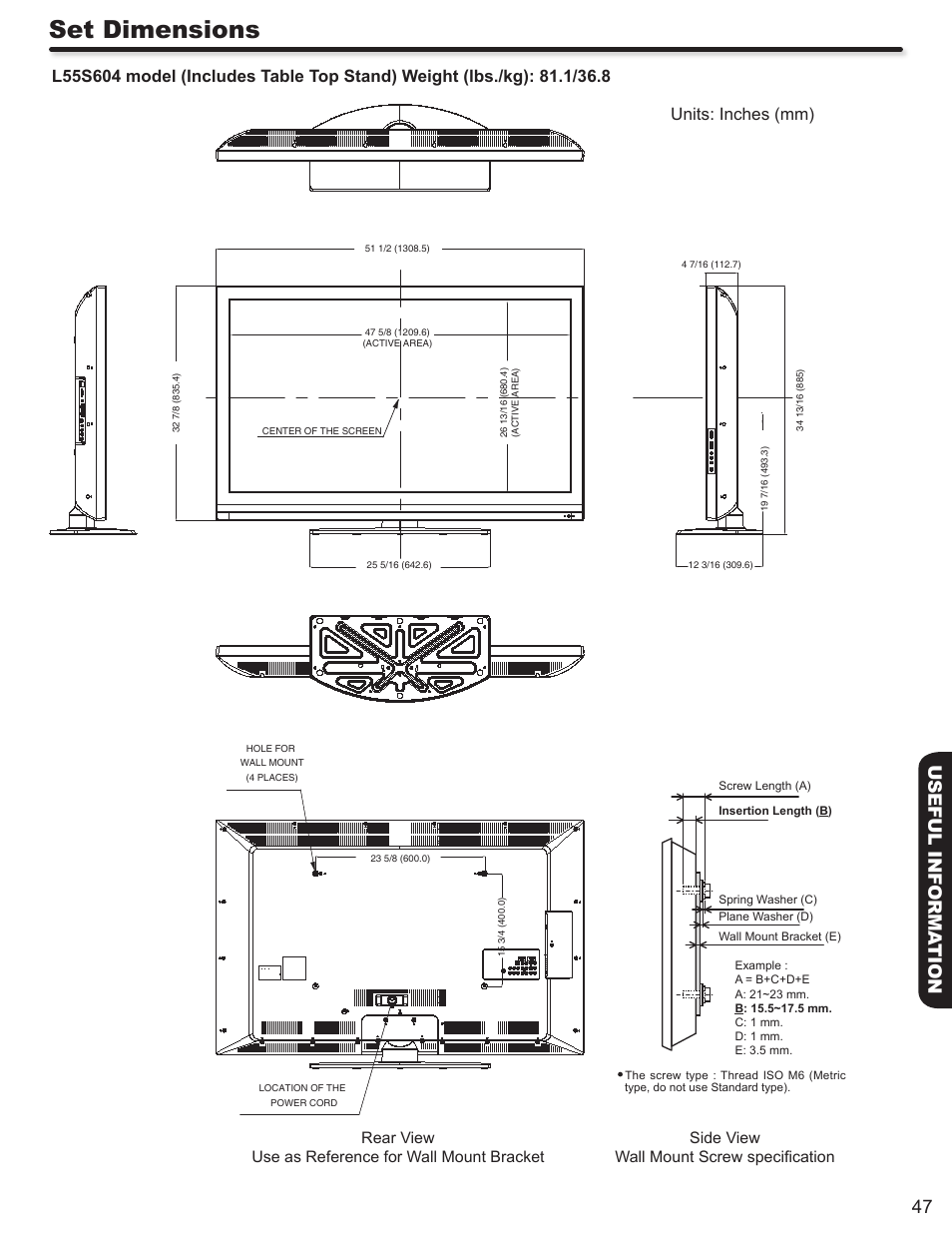 Set dimensions, 47 useful informa tion | Hitachi ULTRAVISION L55S604 User Manual | Page 47 / 60