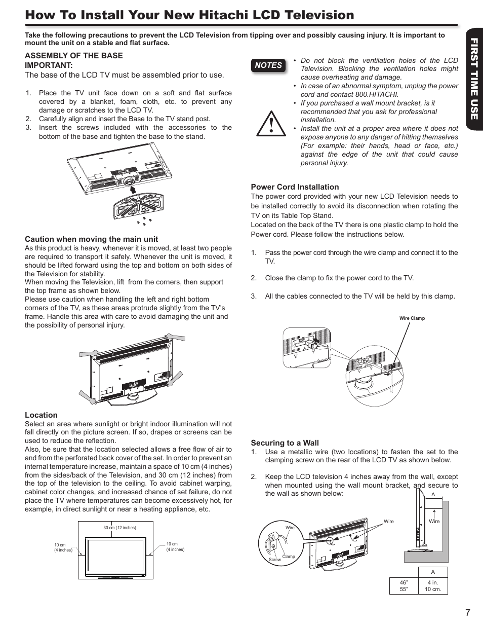 How to install your new hitachi lcd television, First time use 7 | Hitachi ULTRAVISION L55S604 User Manual | Page 7 / 60