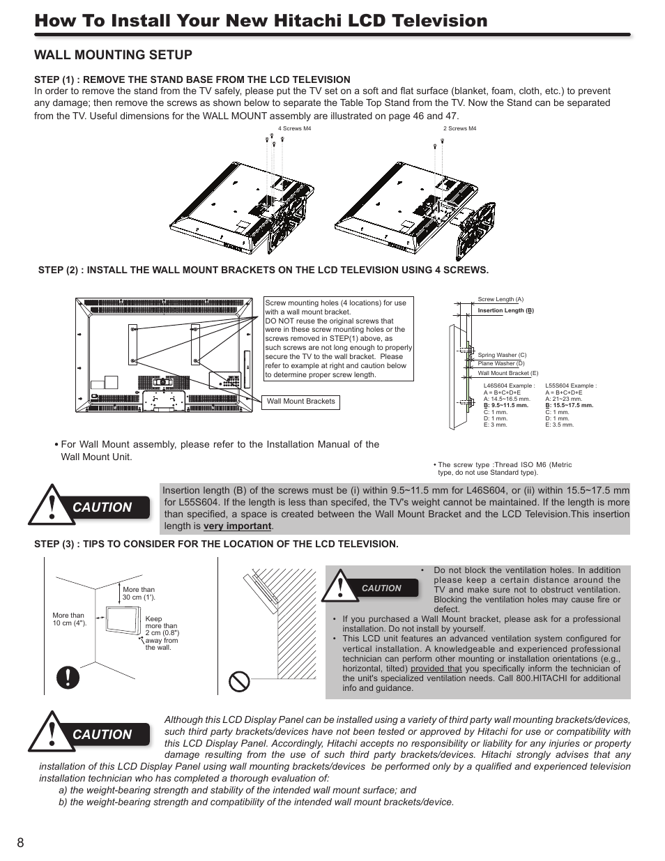 How to install your new hitachi lcd television, Wall mounting setup, Caution | Hitachi ULTRAVISION L55S604 User Manual | Page 8 / 60